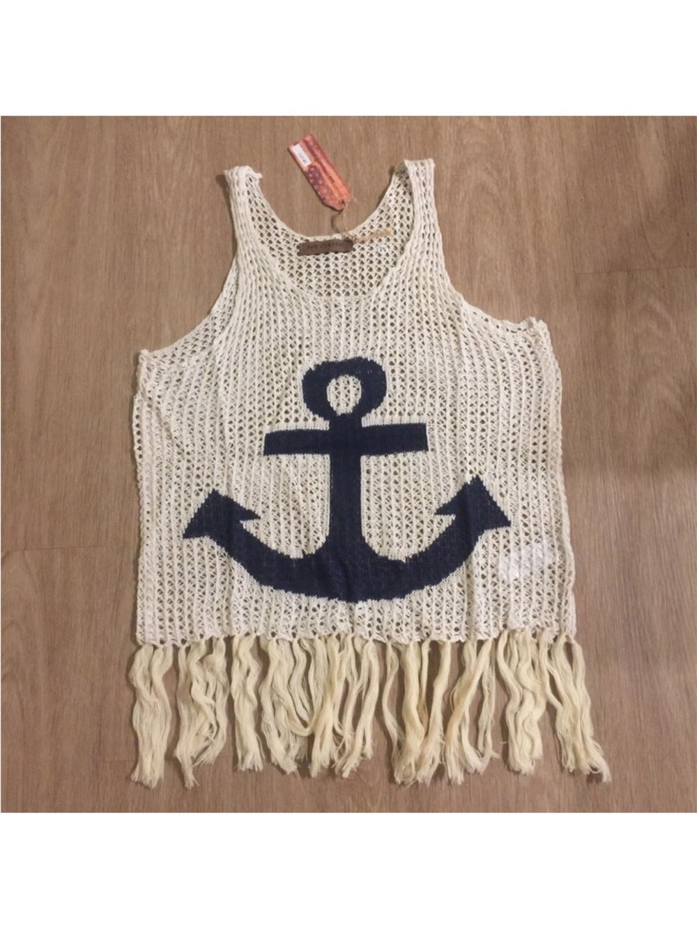 The Classic Cream Crochet Tank Top with Navy Anchor
